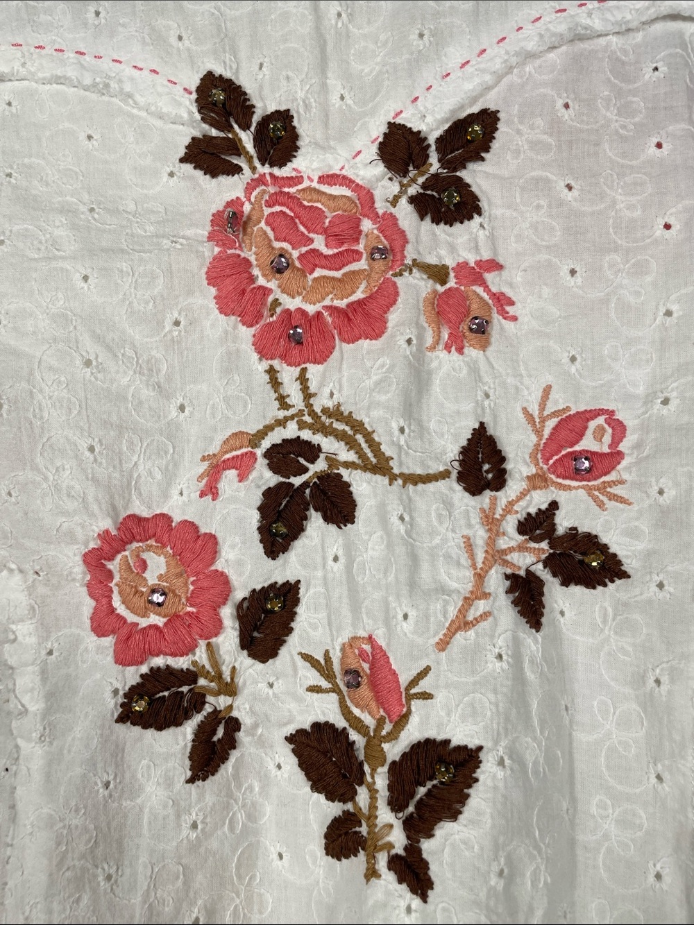 Roper White Eyelet Button-Down Shirt with Pink Floral Embroidery - Picture 3 of 8